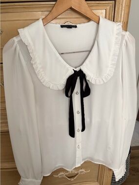 Women’s White Ruffled Collar Blouse with Black Tie